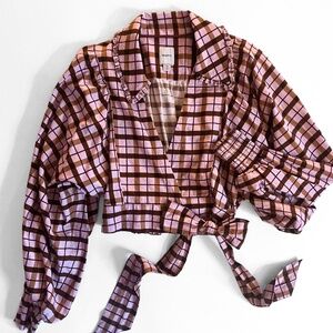 Anthropologie Maeve Plaid Wrap Blouse Cropped Bubble Sleeve Brown Pink XS